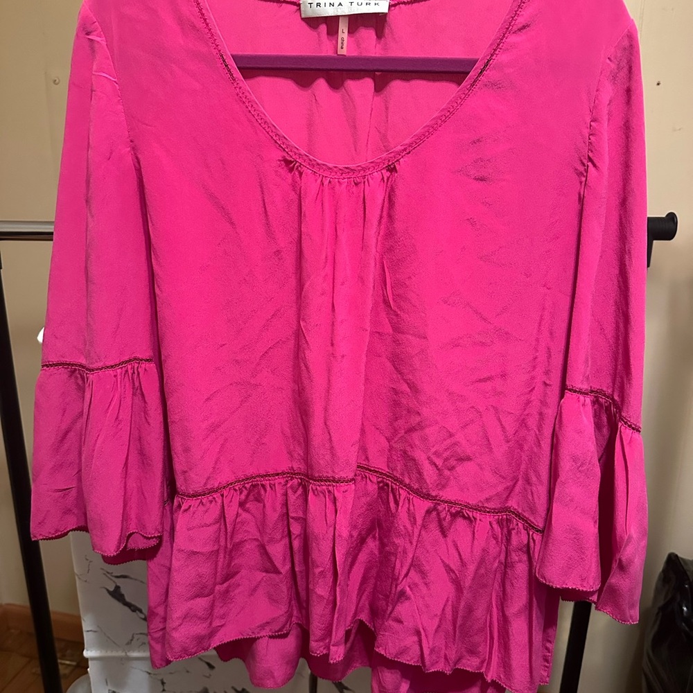 TRINA TURK Women's Silk Fuchsia Ruffle Hem Blouse